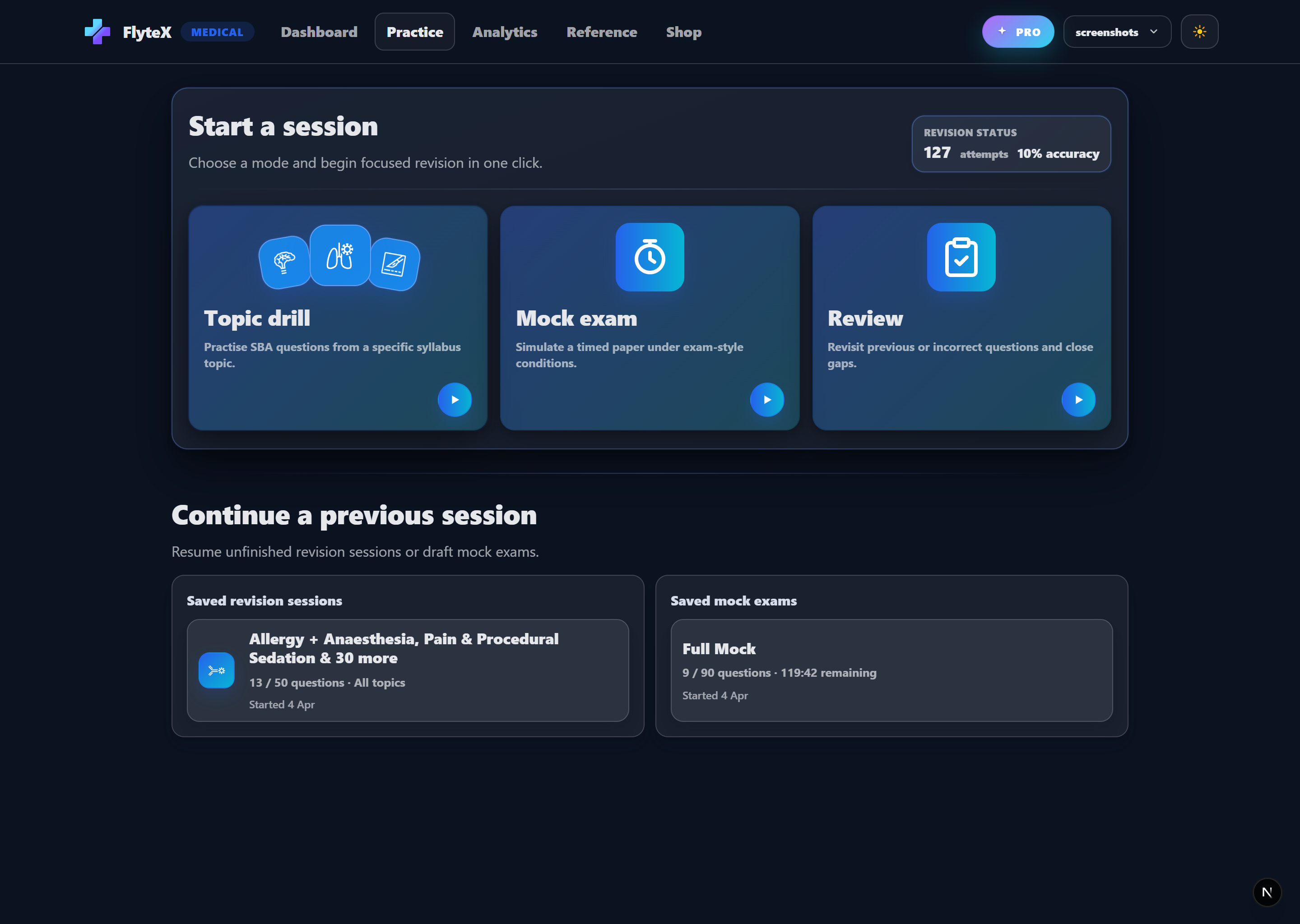 FlyteX practice page screenshot
